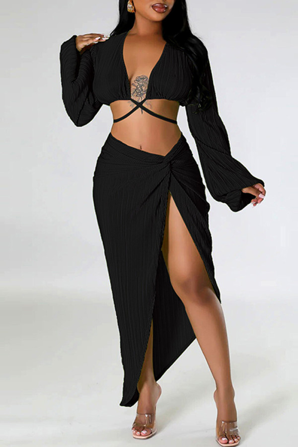 Black Sexy Solid Frenulum Slit V Neck Long Sleeve Two Pieces
