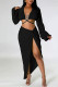 Black Sexy Solid Frenulum Slit V Neck Long Sleeve Two Pieces