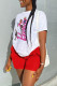 White Red Casual Print Basic O Neck Short Sleeve Two Pieces