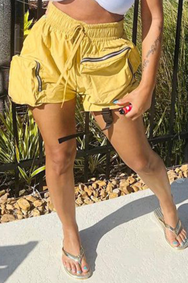 Yellow Street Solid Patchwork Pocket Loose Straight Solid Color Bottoms