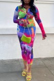 Colour Casual Print Patchwork Turndown Collar Long Sleeve Two Pieces
