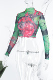 Green Casual Print Basic O Neck T-Shirts