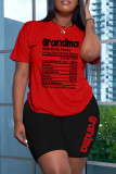 Red Casual Letter Print Basic O Neck Short Sleeve Two Pieces