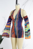Multicolor Sexy Print Patchwork Frenulum Backless Halter Regular Rompers