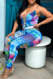 Blue Sexy Casual Print Frenulum Backless Spaghetti Strap Sleeveless Two Pieces