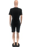 Black Casual Letter Print Basic O Neck Short Sleeve Two Pieces
