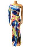 Blue Sexy Print Hollowed Out Backless Oblique Collar Long Dress Dresses