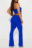 Blue Sexy Casual Solid Patchwork Backless Spaghetti Strap Sleeveless Two Pieces