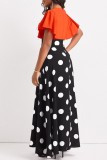 Orange Casual Dot Print Patchwork V Neck Long Dress Dresses
