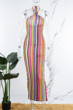 Rose Red Sexy Striped Bandage Backless Halter Long Dress Dresses