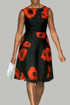Red Casual Print Patchwork O Neck A Line Plus Size Dresses