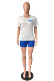 White Casual Letter Print Basic O Neck Short Sleeve Two Pieces
