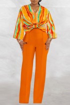 Orange Casual Print Patchwork V Neck Long Sleeve Two Pieces
