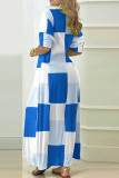 Blue White Casual Print Slit Turndown Collar Shirt Dress Dresses