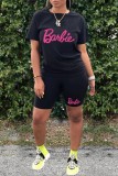 Black Casual Letter Print Basic O Neck Short Sleeve Two Pieces