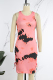 Watermelon Red Casual Print Tie Dye Frenulum O Neck Sleeveless Dress Dresses