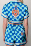 Blue Street Plaid Print Patchwork Letter Turndown Collar Short Sleeve Two Pieces
