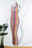 Rose Red Sexy Striped Bandage Backless Halter Long Dress Dresses