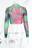 Green Casual Print Basic O Neck T-Shirts