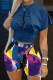Deep Blue Casual Print Basic O Neck Short Sleeve Two Pieces