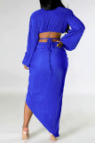 Red Sexy Solid Frenulum Slit V Neck Long Sleeve Two Pieces