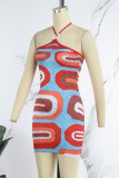Blue Sexy Patchwork Backless Halter Sleeveless Dress Dresses