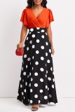 Orange Casual Dot Print Patchwork V Neck Long Dress Dresses