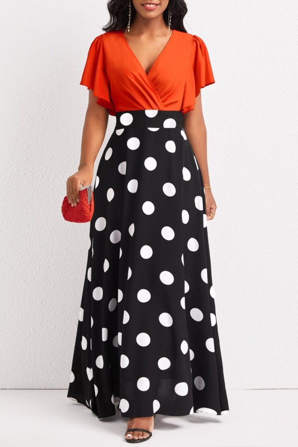 Orange Casual Dot Print Patchwork V Neck Long Dress Dresses