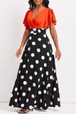 Orange Casual Dot Print Patchwork V Neck Long Dress Dresses
