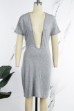 Grey Casual Solid Basic V Neck Short Sleeve Dress