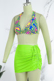 Green Sexy Print Bandage Backless Swimsuit Three Piece Set (With Paddings)
