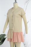 Apricot Casual Patchwork Contrast V Neck Short Sleeve Dress