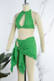 Green Sexy Solid Hollowed Out Frenulum Backless Swimsuit Three Piece Set (Without Paddings)