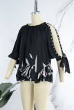 Navy Blue Casual Print Hollowed Out Frenulum Beading O Neck Tops