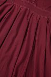 Burgundy Casual Solid Patchwork O Neck Short Sleeve Dress