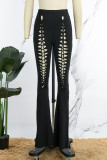 Black Casual Solid Hollowed Out Skinny High Waist Conventional Solid Color Trousers