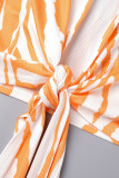 Orange Casual Striped Print Frenulum Turndown Collar Long Sleeve Two Pieces