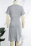 Grey Casual Solid Basic V Neck Short Sleeve Dress