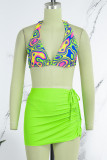 Green Sexy Print Bandage Backless Swimsuit Three Piece Set (With Paddings)