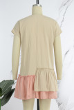 Apricot Casual Patchwork Contrast V Neck Short Sleeve Dress