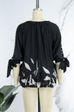 Navy Blue Casual Print Hollowed Out Frenulum Beading O Neck Tops