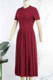 Burgundy Casual Solid Patchwork O Neck Short Sleeve Dress