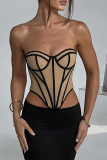White Sexy Patchwork See-through Backless Strapless Tops