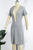 Grey Casual Solid Basic V Neck Short Sleeve Dress