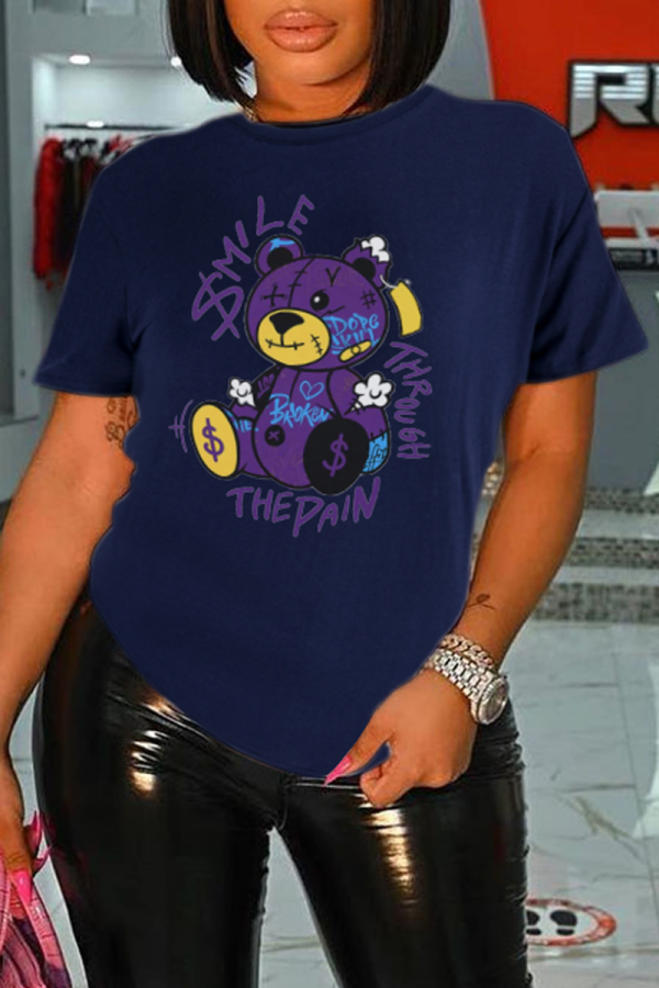 Navy Blue Sweet Daily Print Patchwork O Neck T-Shirts