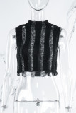 Black Casual Solid Hollowed Out O Neck Tops