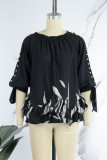 Navy Blue Casual Print Hollowed Out Frenulum Beading O Neck Tops