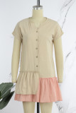Apricot Casual Patchwork Contrast V Neck Short Sleeve Dress