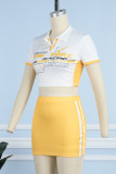 Yellow Casual Print Patchwork Turndown Collar Short Sleeve Two Pieces