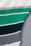 White Casual Striped Patchwork Contrast POLO collar Wrapped Skirt Short Sleeve Dress